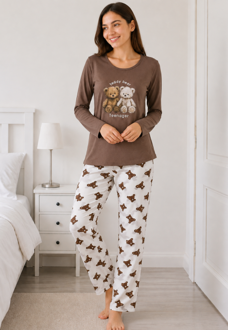 Pijama de damă cu bluză cu maneca lunga și pantaloni lung -Maro ,Engros